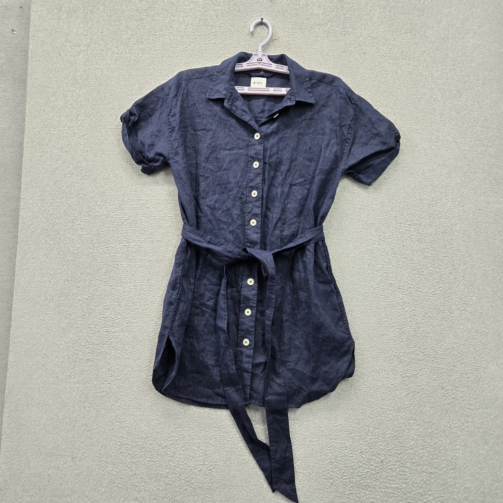 J.crew Women Dress SP Navy Linen Shirt Dress Button Short Sleeve Belted